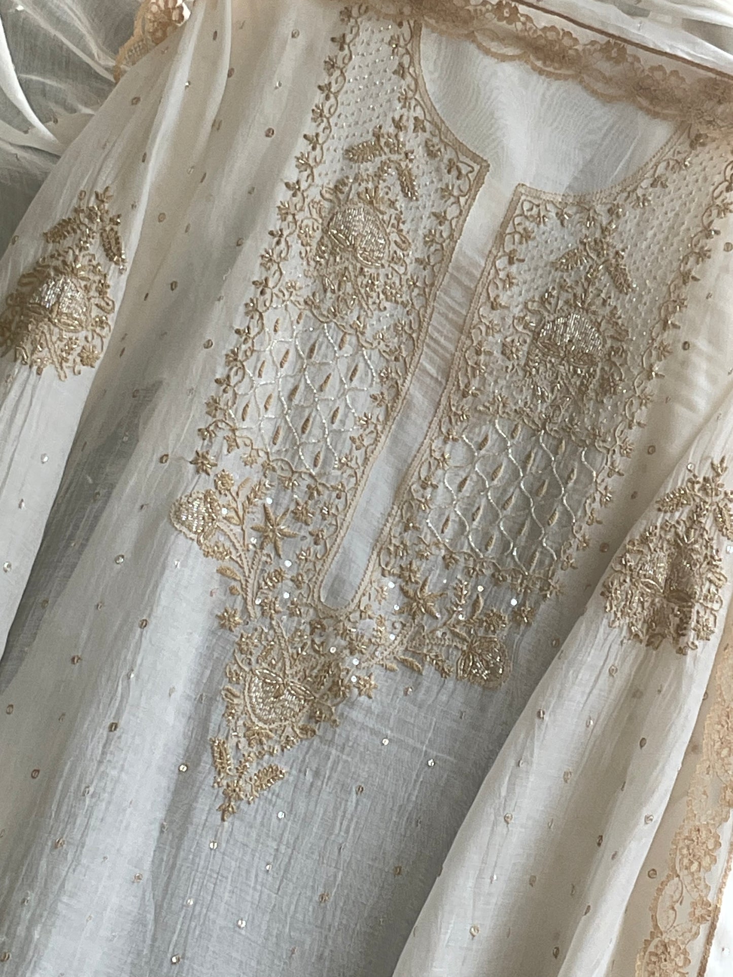 Pure Malmal Kurta Set with Kat Dana & Mirror Work with Handcrafted Malmal Dupatta (Set of 3) (Semi-stitched)