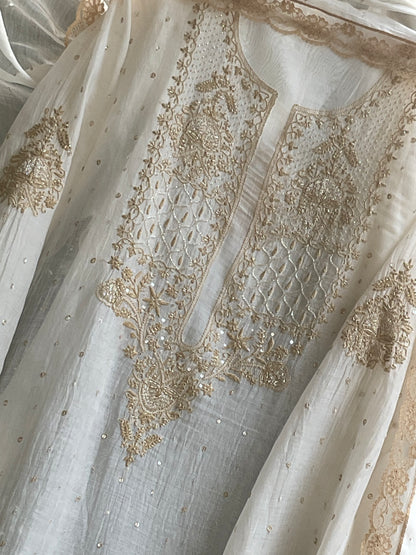 Pure Malmal Kurta Set with Kat Dana & Mirror Work with Handcrafted Malmal Dupatta (Set of 3) (Semi-stitched)