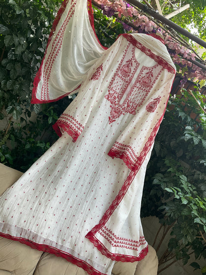 Pure Malmal Kurta Set with Kat Dana & Mirror Work with Handcrafted Malmal Dupatta (Set of 3) (Semi-stitched)