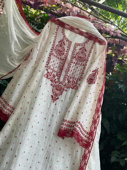 Pure Malmal Kurta Set with Kat Dana & Mirror Work with Handcrafted Malmal Dupatta (Set of 3) (Semi-stitched)