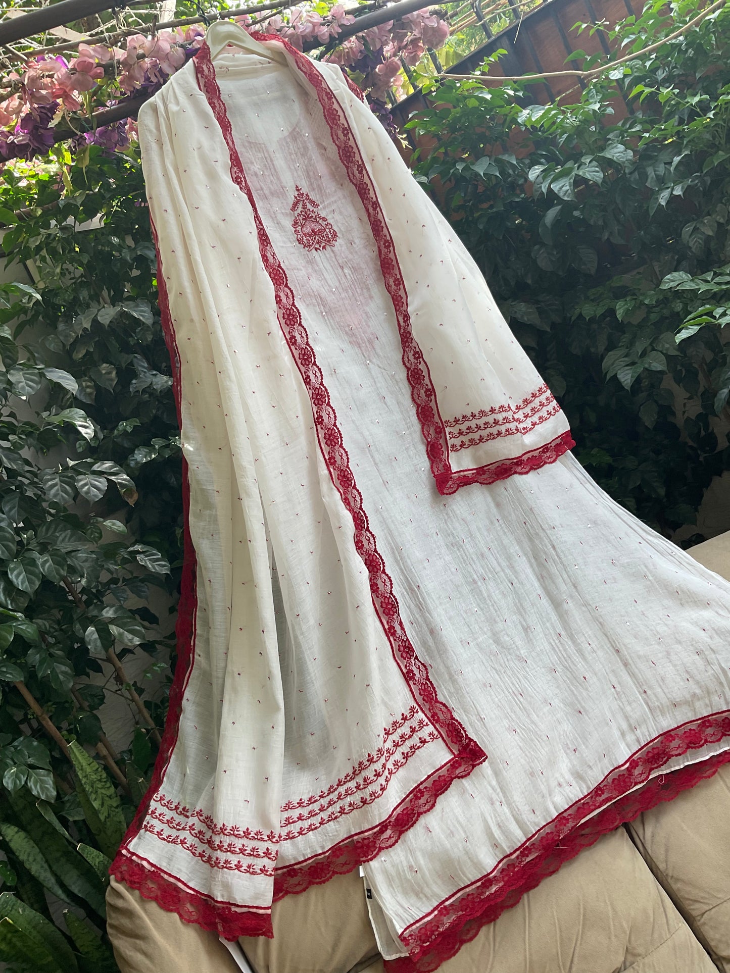 Pure Malmal Kurta Set with Kat Dana & Mirror Work with Handcrafted Malmal Dupatta (Set of 3) (Semi-stitched)