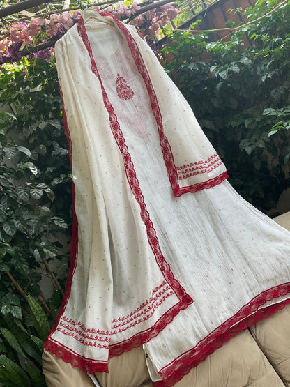 Pure Malmal Kurta Set with Kat Dana & Mirror Work with Handcrafted Malmal Dupatta (Set of 3) (Semi-stitched)