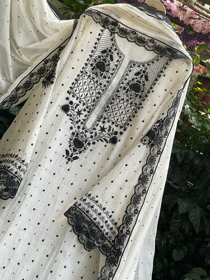 Pure Malmal Kurta Set with Kat Dana & Mirror Work with Handcrafted Malmal Dupatta (Set of 3) (Semi-stitched)