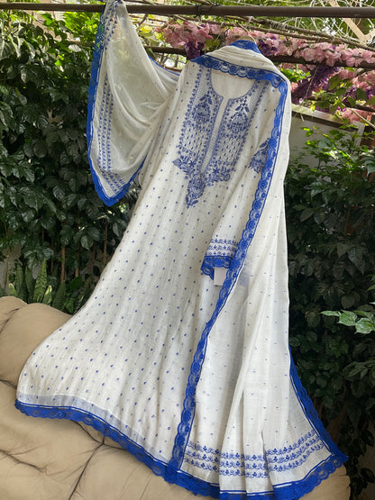 Pure Malmal Kurta Set with Kat Dana & Mirror Work with Handcrafted Malmal Dupatta (Set of 3) (Semi-stitched)