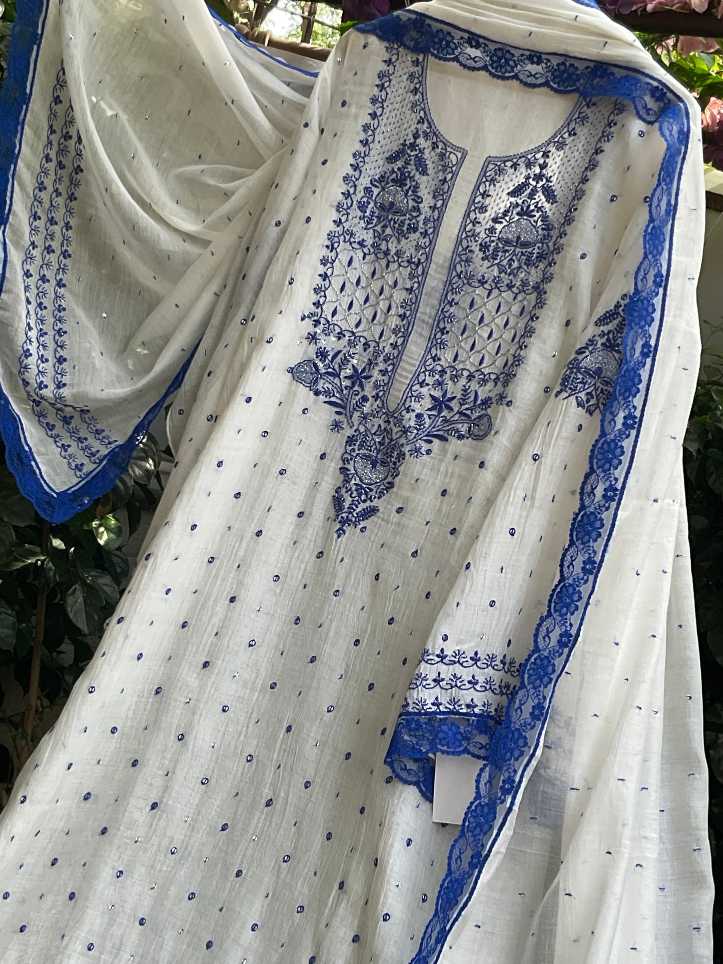 Pure Malmal Kurta Set with Kat Dana & Mirror Work with Handcrafted Malmal Dupatta (Set of 3) (Semi-stitched)