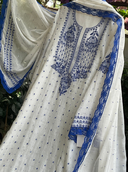 Pure Malmal Kurta Set with Kat Dana & Mirror Work with Handcrafted Malmal Dupatta (Set of 3) (Semi-stitched)