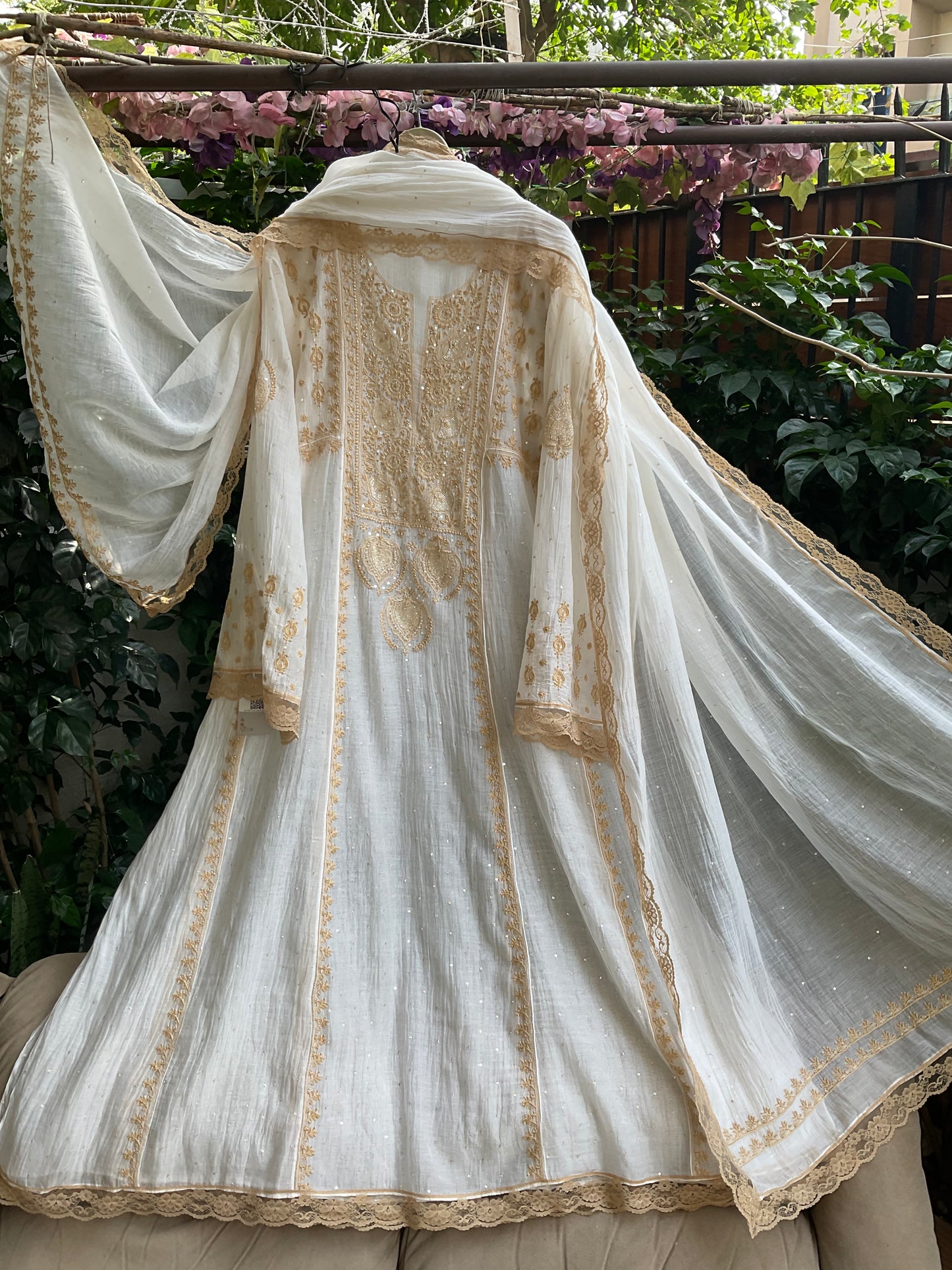 Pure Mulmul Anarkali Suit Set with Chikankari & Jaali Work with Handcrafted Dupatta (Set of 3) (Semi-stitched)