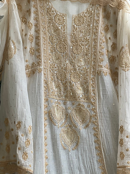 Pure Mulmul Anarkali Suit Set with Chikankari & Jaali Work with Handcrafted Dupatta (Set of 3) (Semi-stitched)