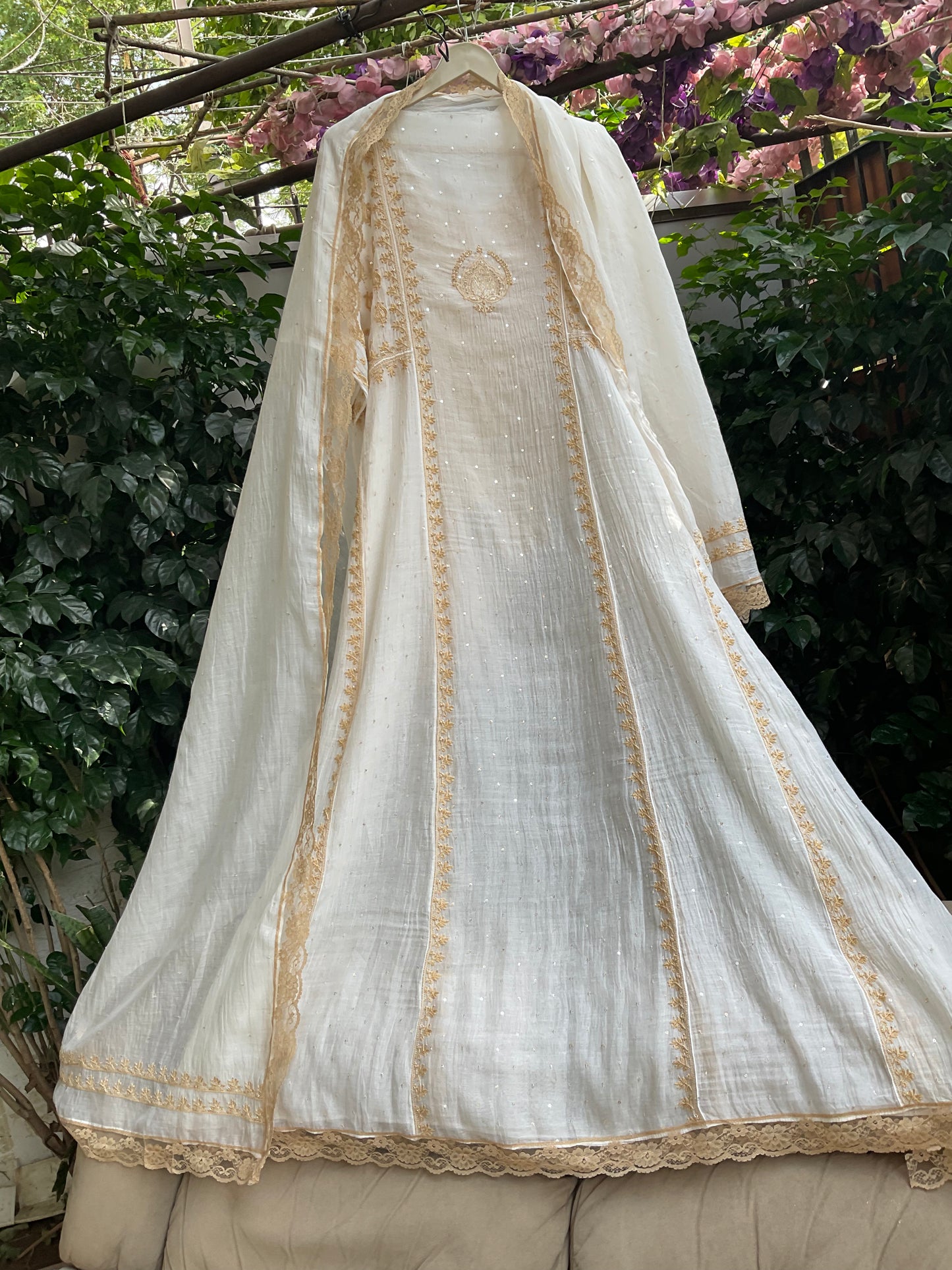 Pure Mulmul Anarkali Suit Set with Chikankari & Jaali Work with Handcrafted Dupatta (Set of 3) (Semi-stitched)