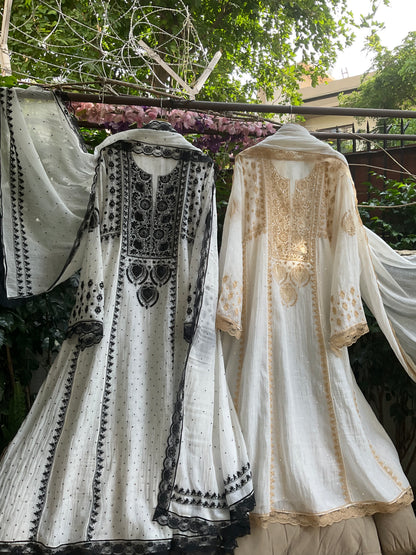 Pure Mulmul Anarkali Suit Set with Chikankari & Jaali Work with Handcrafted Dupatta (Set of 3) (Semi-stitched)