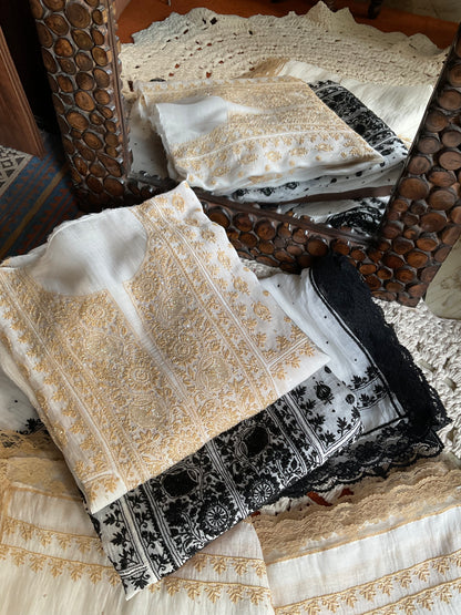 Pure Mulmul Anarkali Suit Set with Chikankari & Jaali Work with Handcrafted Dupatta (Set of 3) (Semi-stitched)