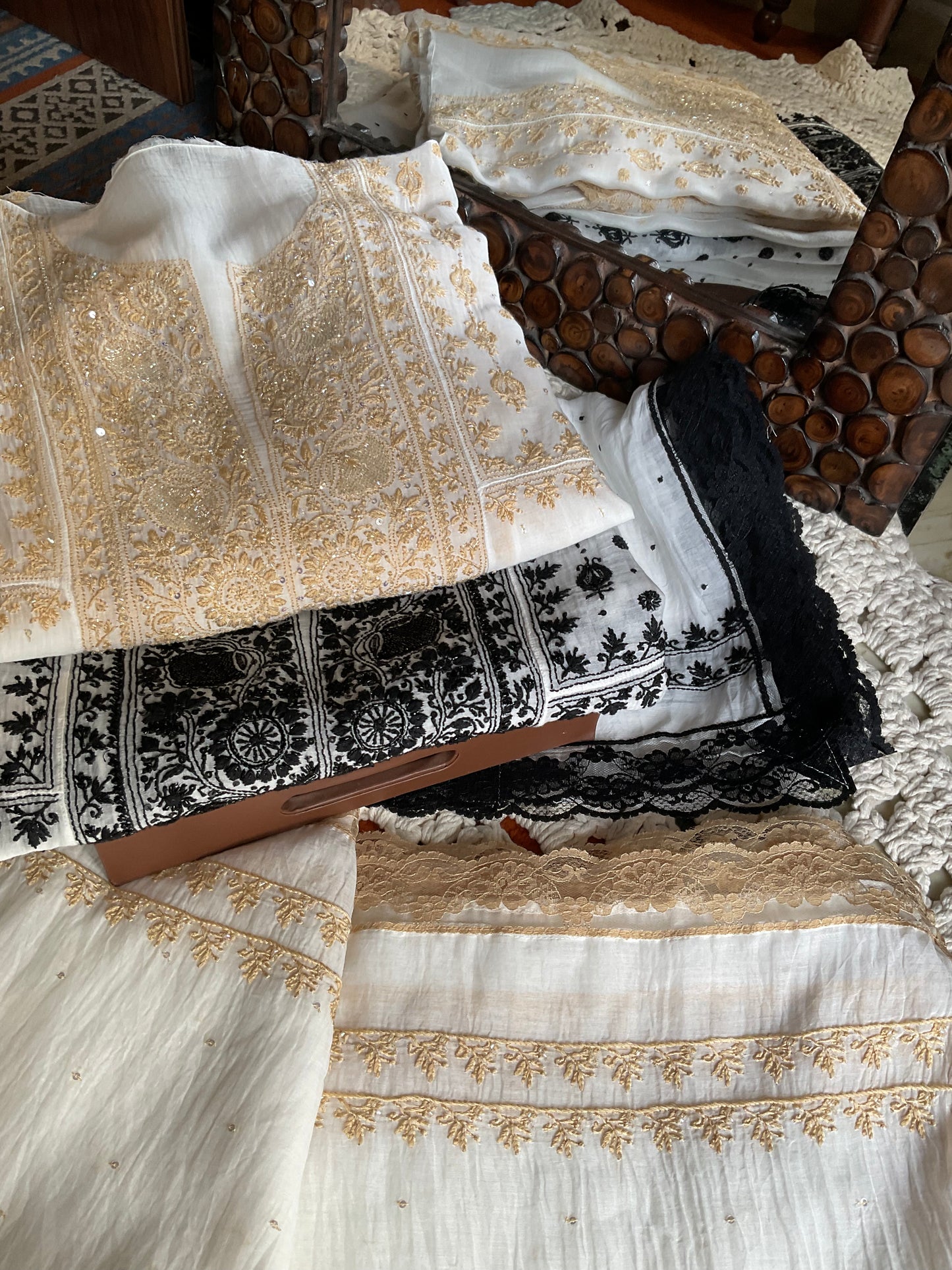 Pure Mulmul Anarkali Suit Set with Chikankari & Jaali Work with Handcrafted Dupatta (Set of 3) (Semi-stitched)