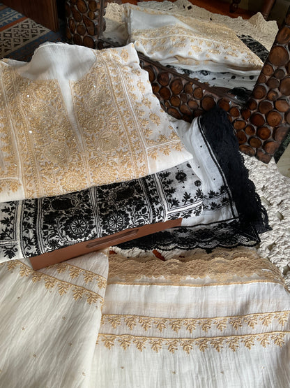 Pure Mulmul Anarkali Suit Set with Chikankari & Jaali Work with Handcrafted Dupatta (Set of 3) (Semi-stitched)