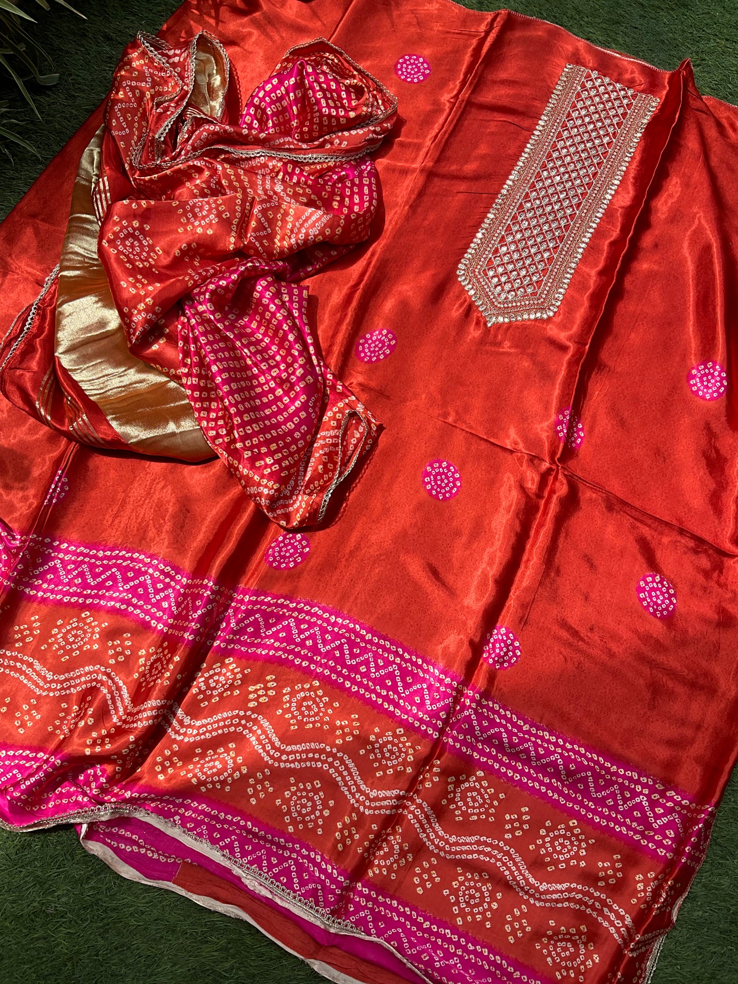 Modal Satin Suit Set with Ajrak Print & Gotta Work Neckline with Coordinated Dupatta (Set of 3) (Semi-Stitched)