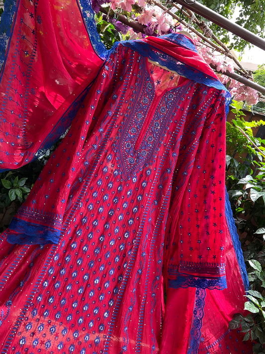 Premium Anarkali Set with Chikankari & Multicolor Thread-Sequin Work with Coordinated Dupatta (Set of 3) (Stitched)