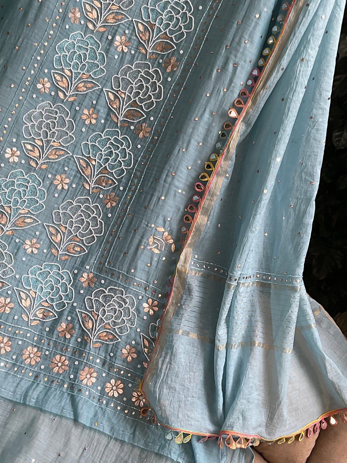 Pure Mulmul Kurta Set with Multicolour Aari & Mukaish Tikki Work with Mirror Lace Dupatta (Set of 3) (Semi-stitched)