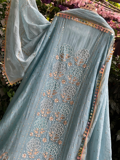 Pure Mulmul Kurta Set with Multicolour Aari & Mukaish Tikki Work with Mirror Lace Dupatta (Set of 3) (Semi-stitched)