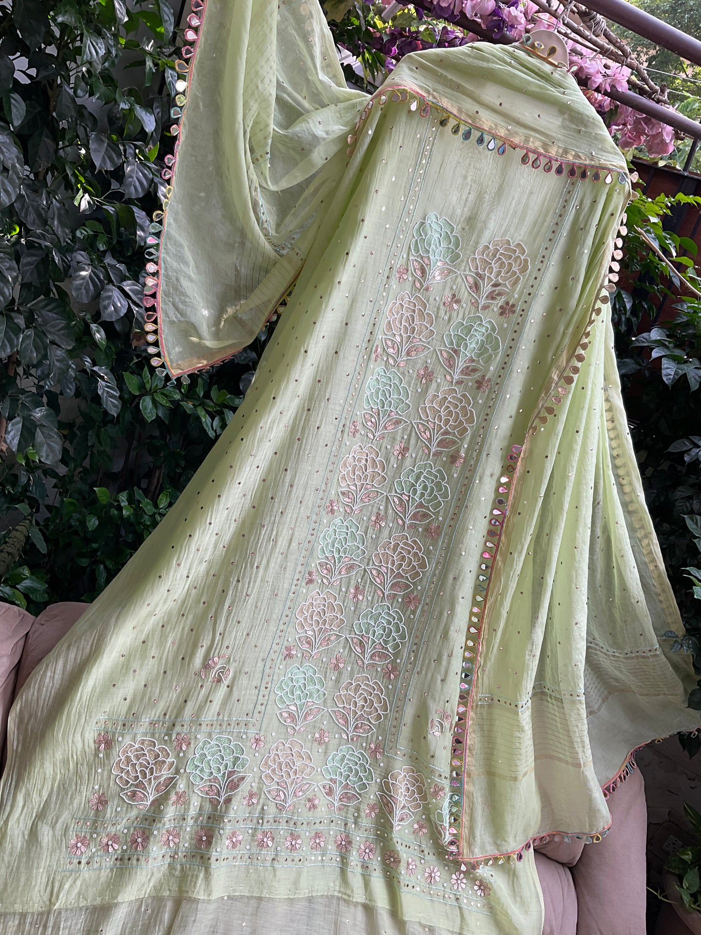 Pure Mulmul Kurta Set with Multicolour Aari & Mukaish Tikki Work with Mirror Lace Dupatta (Set of 3) (Semi-stitched)