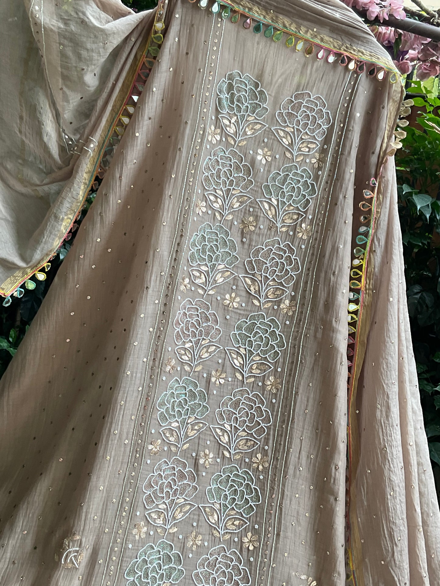 Pure Mulmul Kurta Set with Multicolour Aari & Mukaish Tikki Work with Mirror Lace Dupatta (Set of 3) (Semi-stitched)