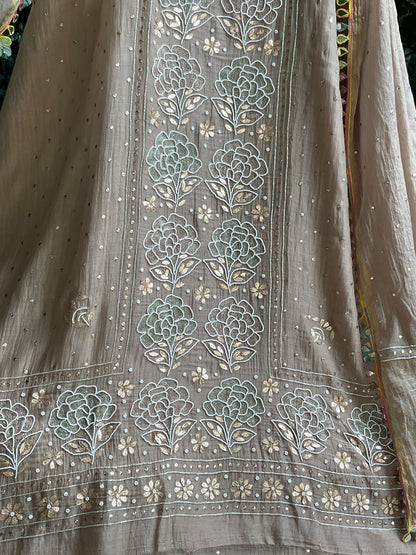Pure Mulmul Kurta Set with Multicolour Aari & Mukaish Tikki Work with Mirror Lace Dupatta (Set of 3) (Semi-stitched)