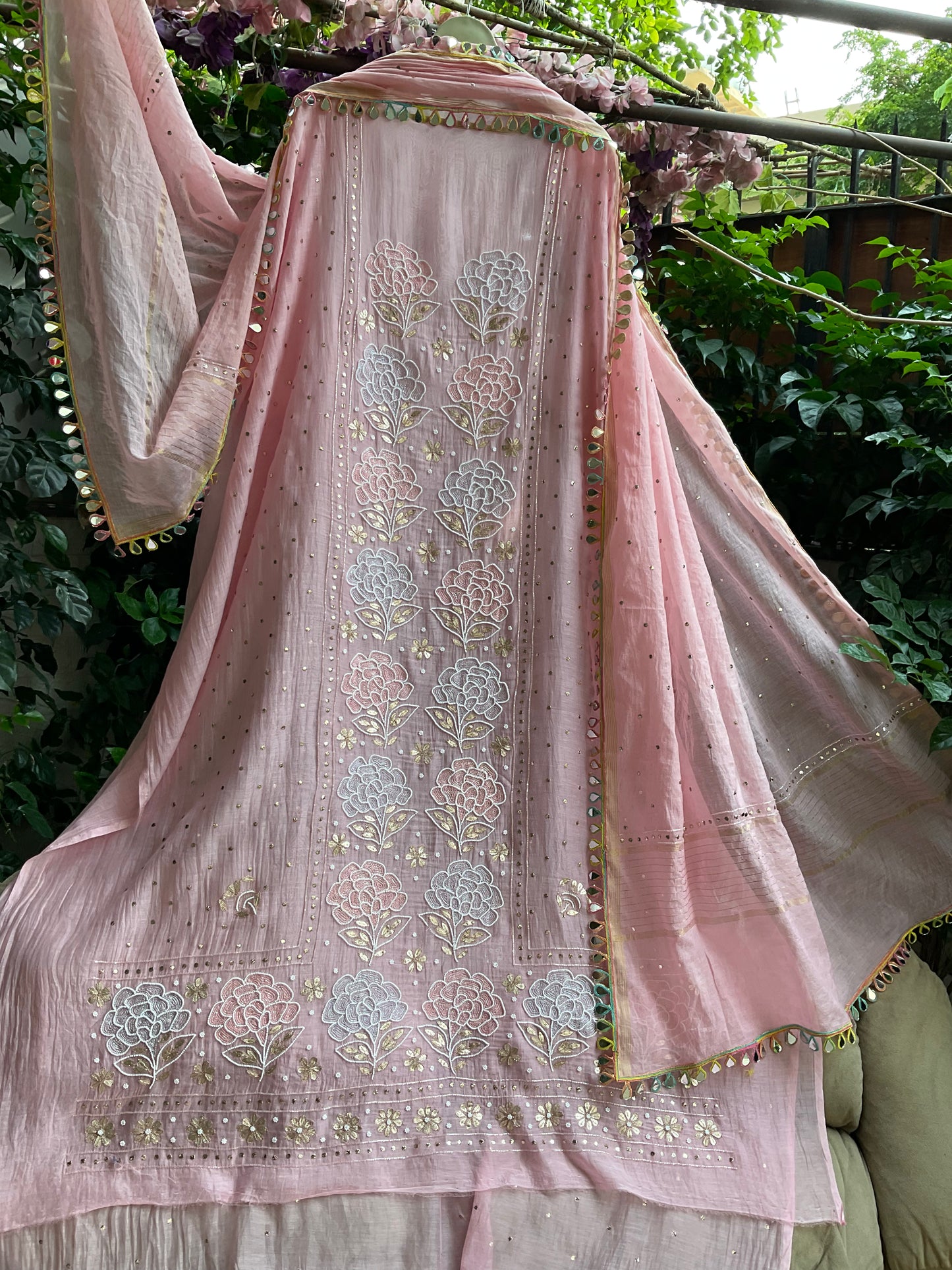Pure Mulmul Kurta Set with Multicolour Aari & Mukaish Tikki Work with Mirror Lace Dupatta (Set of 3) (Semi-stitched)