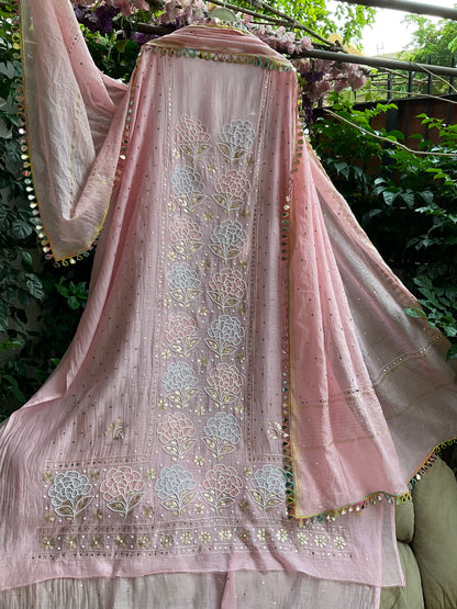 Pure Mulmul Kurta Set with Multicolour Aari & Mukaish Tikki Work with Mirror Lace Dupatta (Set of 3) (Semi-stitched)