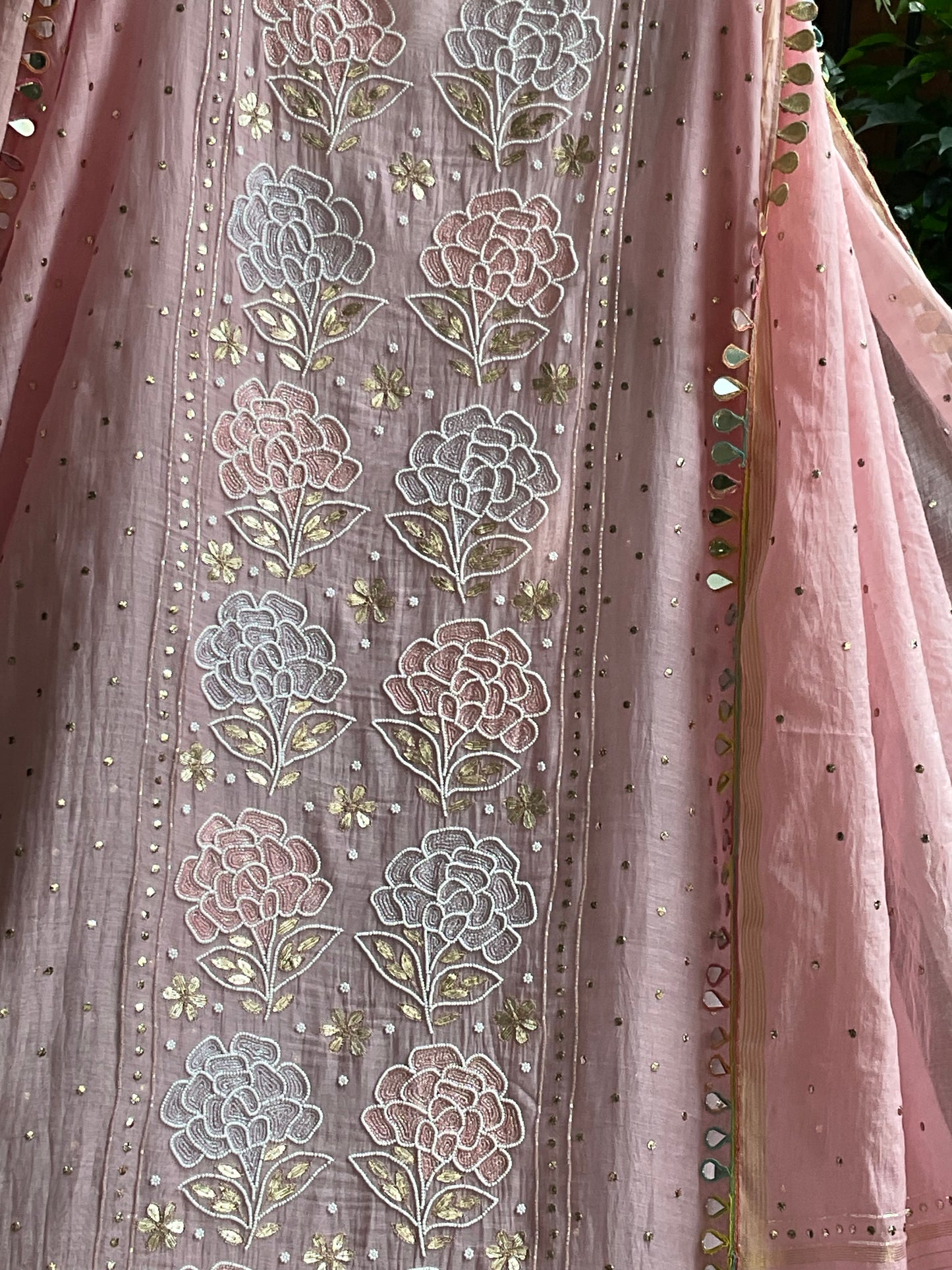 Pure Mulmul Kurta Set with Multicolour Aari & Mukaish Tikki Work with Mirror Lace Dupatta (Set of 3) (Semi-stitched)