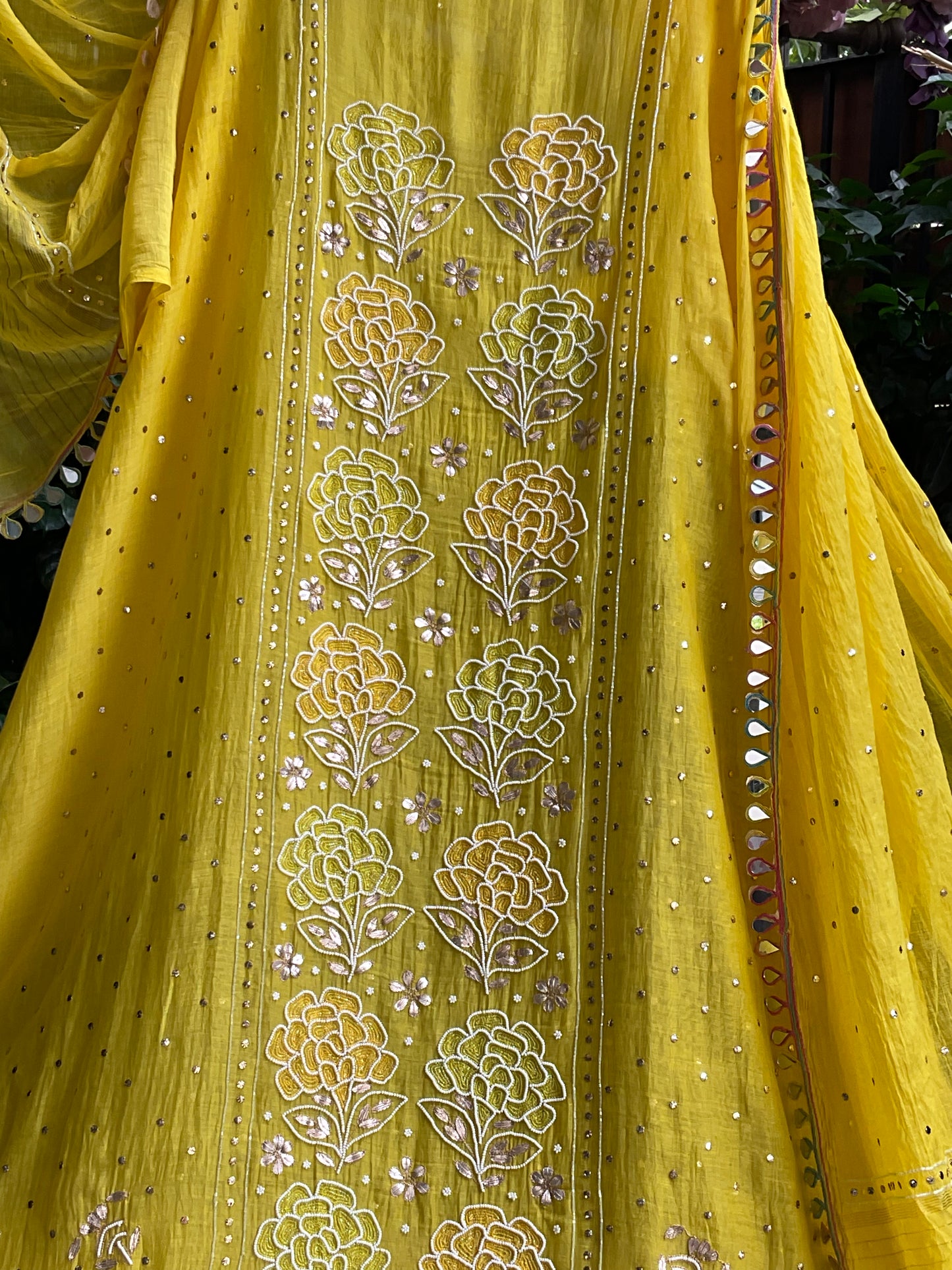 Pure Mulmul Kurta Set with Multicolour Aari & Mukaish Tikki Work with Mirror Lace Dupatta (Set of 3) (Semi-stitched)