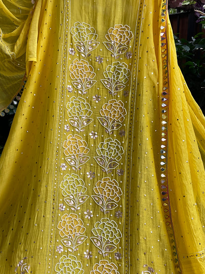 Pure Mulmul Kurta Set with Multicolour Aari & Mukaish Tikki Work with Mirror Lace Dupatta (Set of 3) (Semi-stitched)