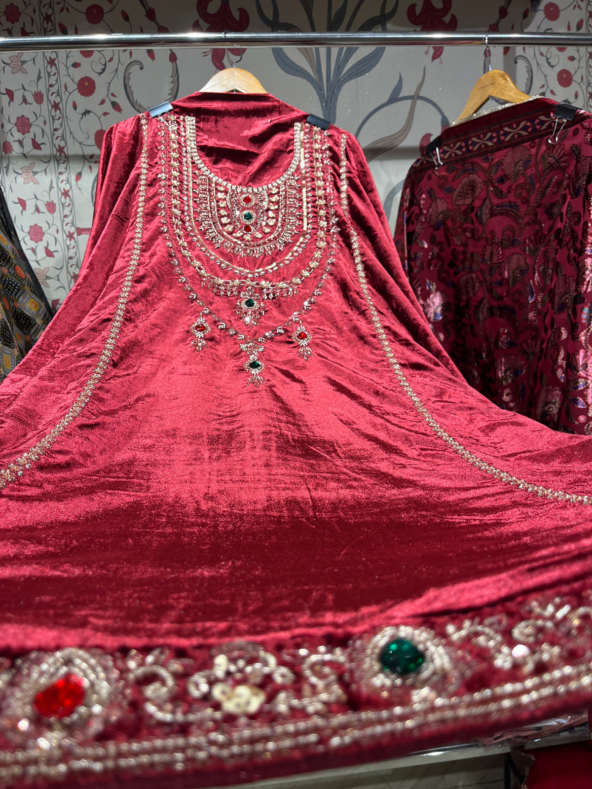 Pure Velvet Suit Set with Zardozi, Dabka & Crystal Handwork (Set of 3) (Unstitched)