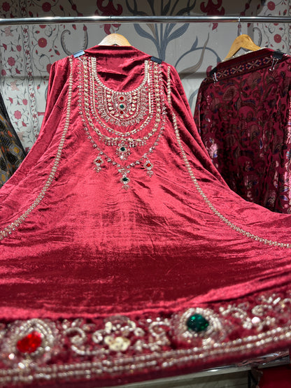 Pure Velvet Suit Set with Zardozi, Dabka & Crystal Handwork (Set of 3) (Unstitched)