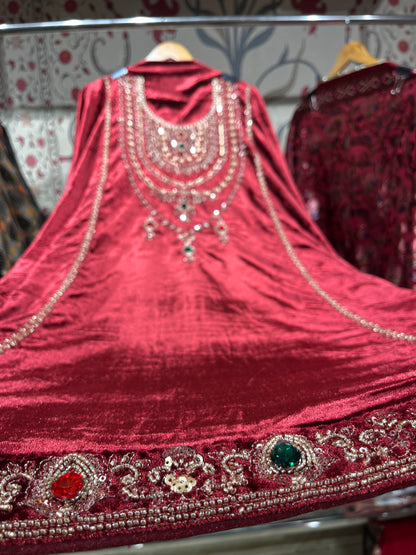Pure Velvet Suit Set with Zardozi, Dabka & Crystal Handwork (Set of 3) (Unstitched)