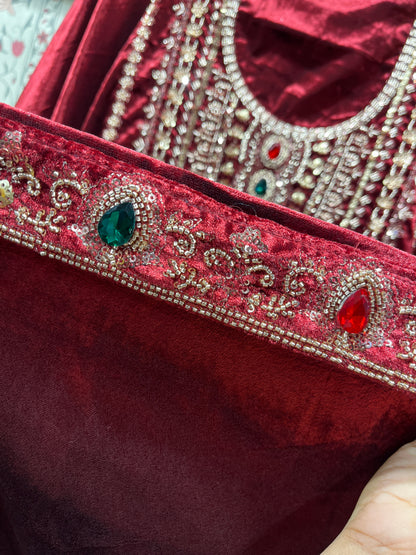 Pure Velvet Suit Set with Zardozi, Dabka & Crystal Handwork (Set of 3) (Unstitched)