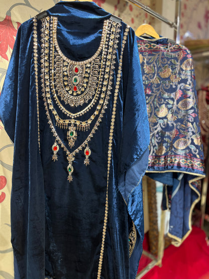 Pure Velvet Suit Set with Zardozi, Dabka & Crystal Handwork (Set of 3) (Unstitched)