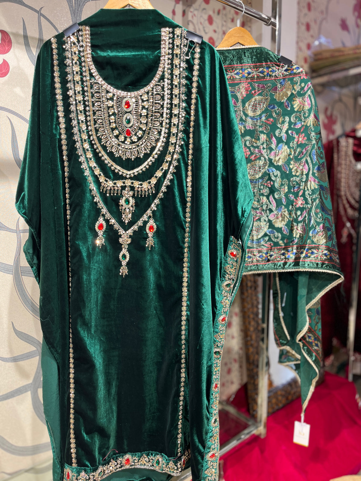 Pure Velvet Suit Set with Zardozi, Dabka & Crystal Handwork (Set of 3) (Unstitched)