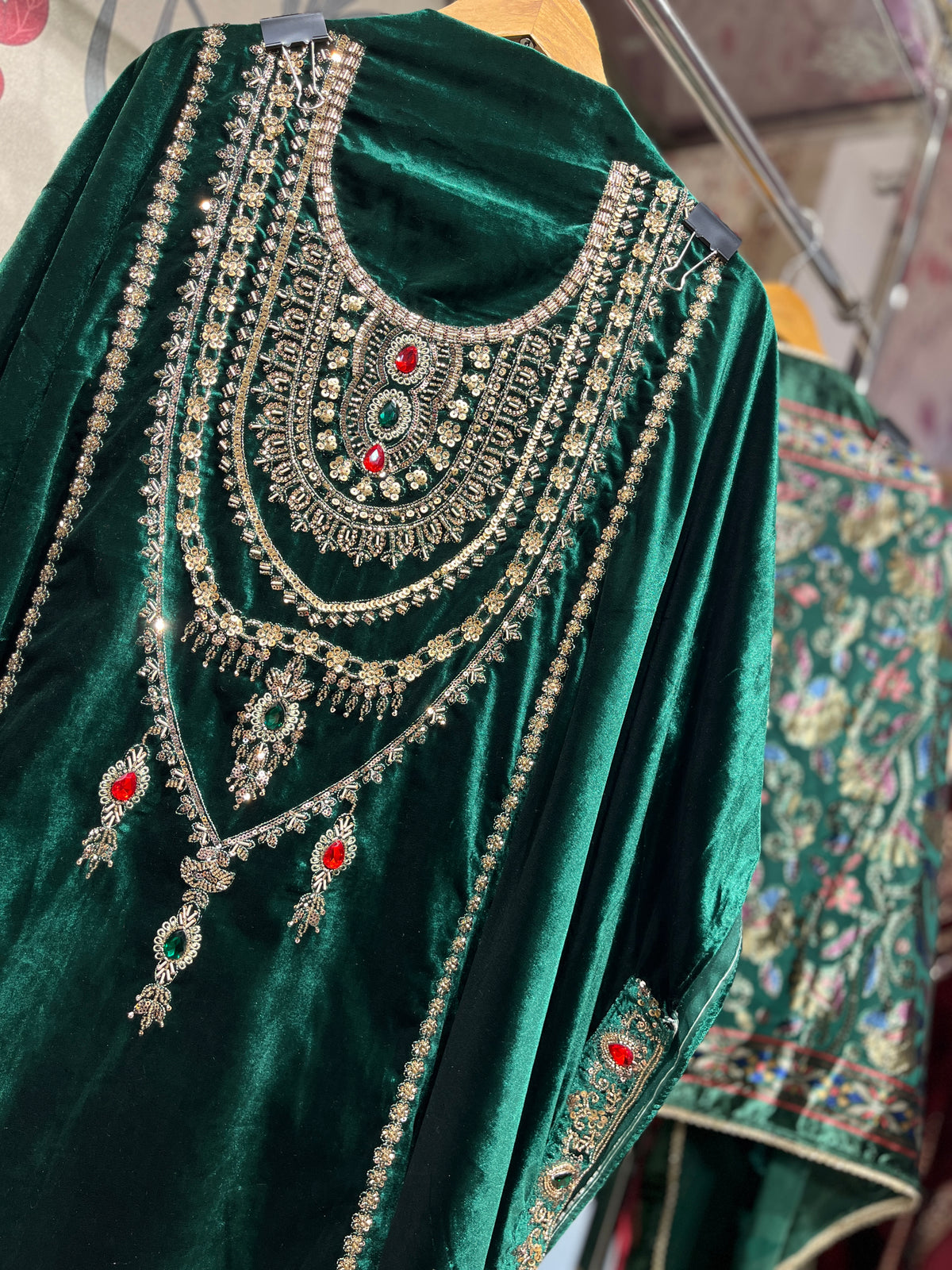 Pure Velvet Suit Set with Zardozi, Dabka & Crystal Handwork (Set of 3) (Unstitched)