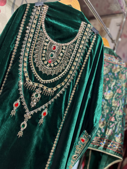 Pure Velvet Suit Set with Zardozi, Dabka & Crystal Handwork (Set of 3) (Unstitched)