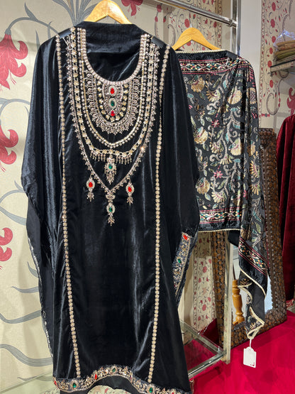 Pure Velvet Suit Set with Zardozi, Dabka & Crystal Handwork (Set of 3) (Unstitched)