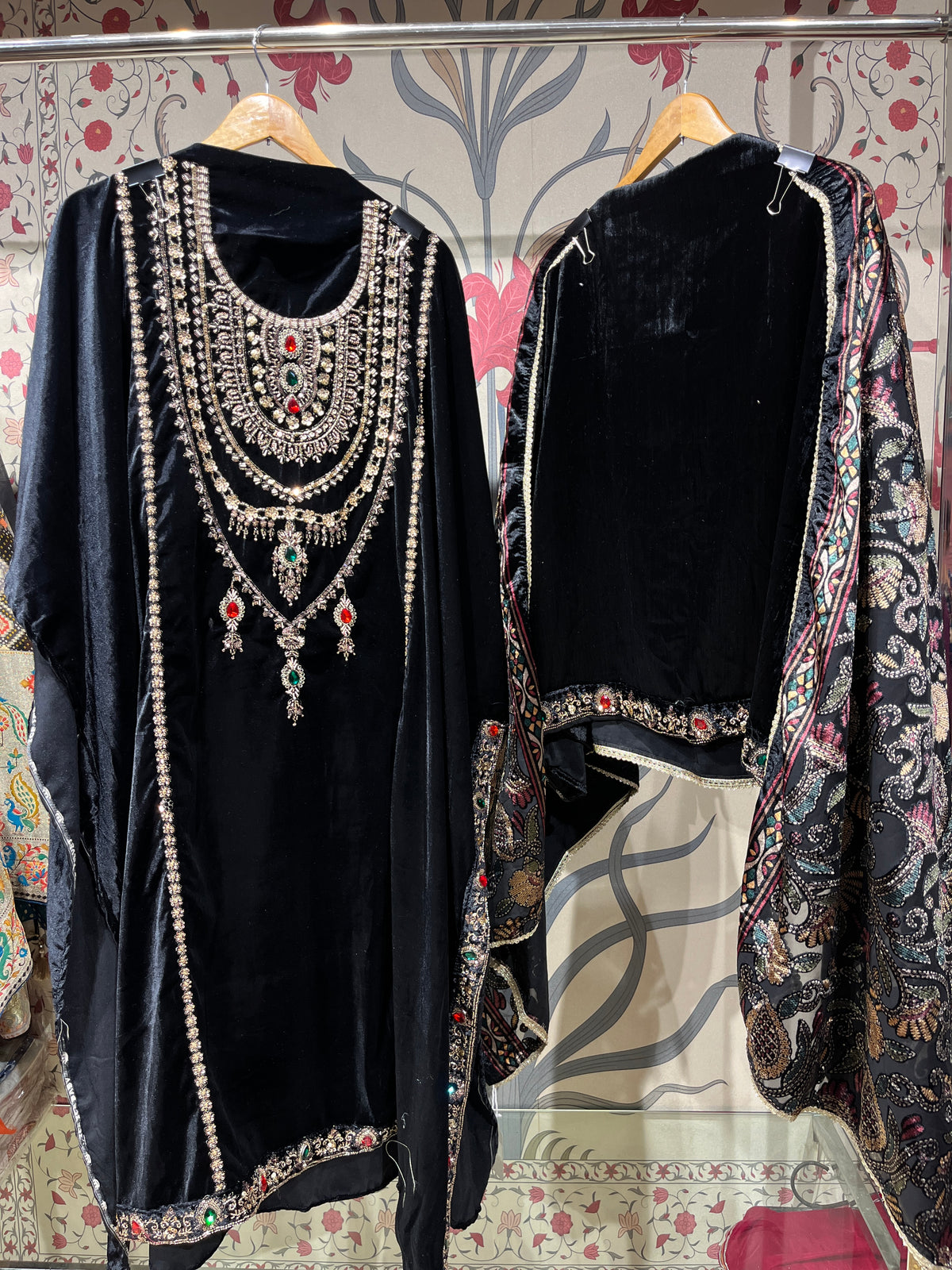 Pure Velvet Suit Set with Zardozi, Dabka & Crystal Handwork (Set of 3) (Unstitched)