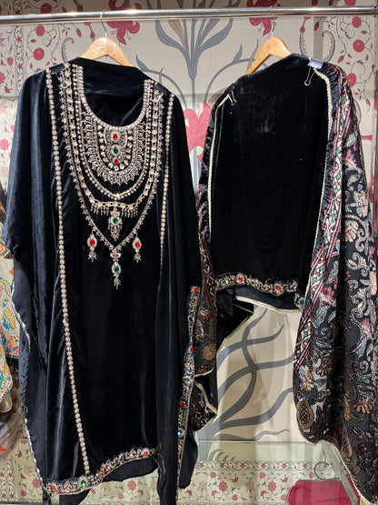 Pure Velvet Suit Set with Zardozi, Dabka & Crystal Handwork (Set of 3) (Unstitched)