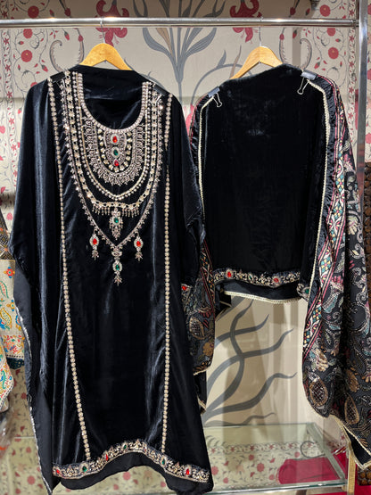 Pure Velvet Suit Set with Zardozi, Dabka & Crystal Handwork (Set of 3) (Unstitched)