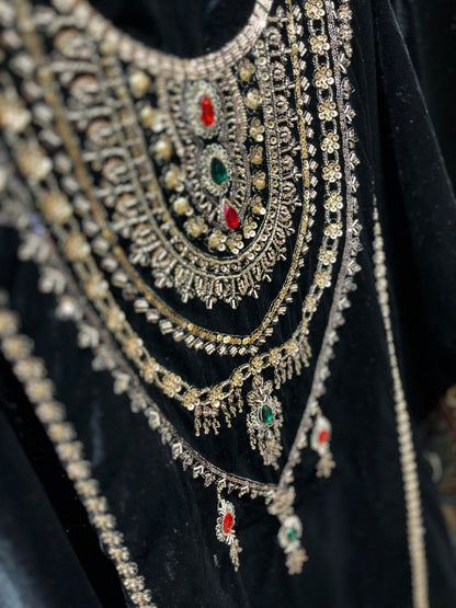 Pure Velvet Suit Set with Zardozi, Dabka & Crystal Handwork (Set of 3) (Unstitched)