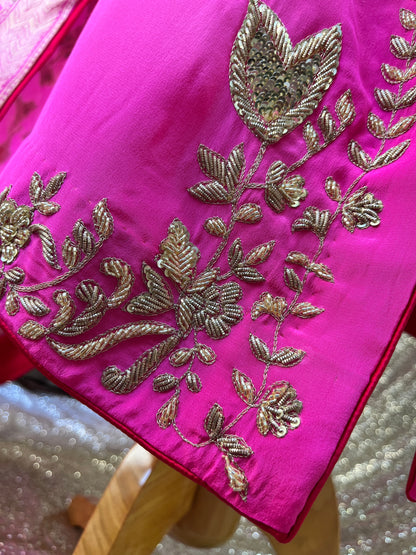 Neon pink pure crepe kurta set  with banarsi dupatta
