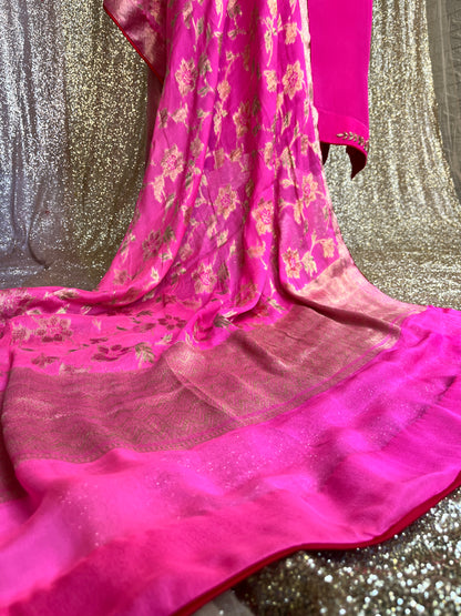 Neon pink pure crepe kurta set  with banarsi dupatta