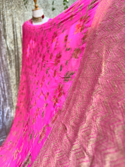 Neon pink pure crepe kurta set  with banarsi dupatta