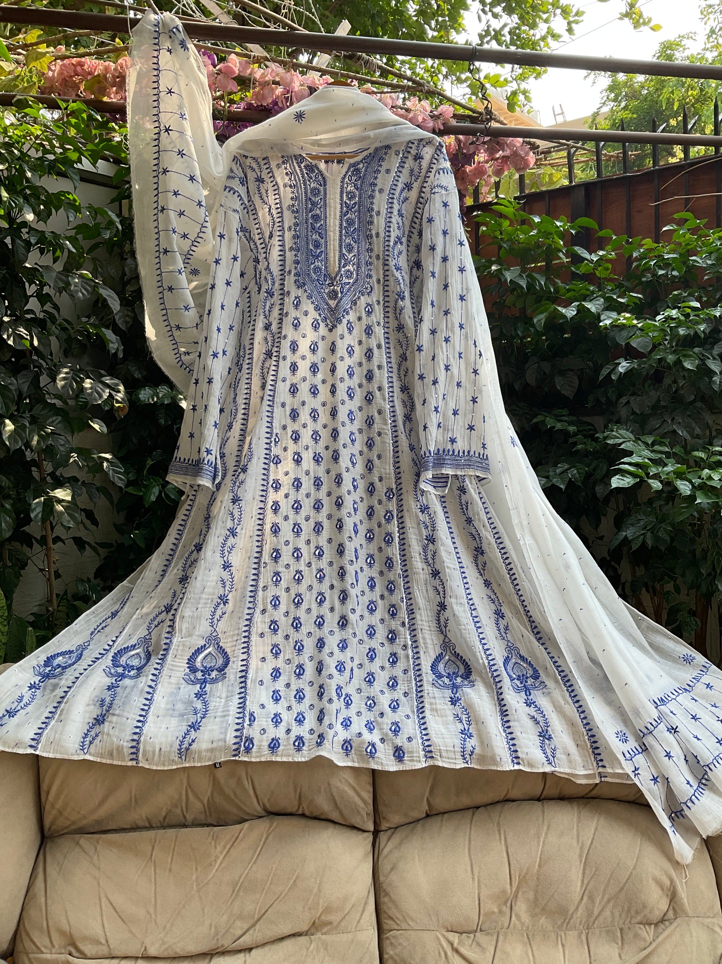 Ivory Chikankari Anarkali Set with Sequins Work & Front-Back Embroidery Detailing (Set of 3) (Stitched)