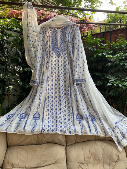 Ivory Chikankari Anarkali Set with Sequins Work & Front-Back Embroidery Detailing (Set of 3) (Stitched)