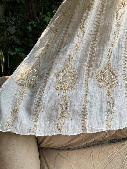 Ivory Chikankari Anarkali Set with Sequins Work & Front-Back Embroidery Detailing (Set of 3) (Stitched)