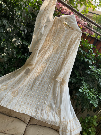 Ivory Chikankari Anarkali Set with Sequins Work & Front-Back Embroidery Detailing (Set of 3) (Stitched)