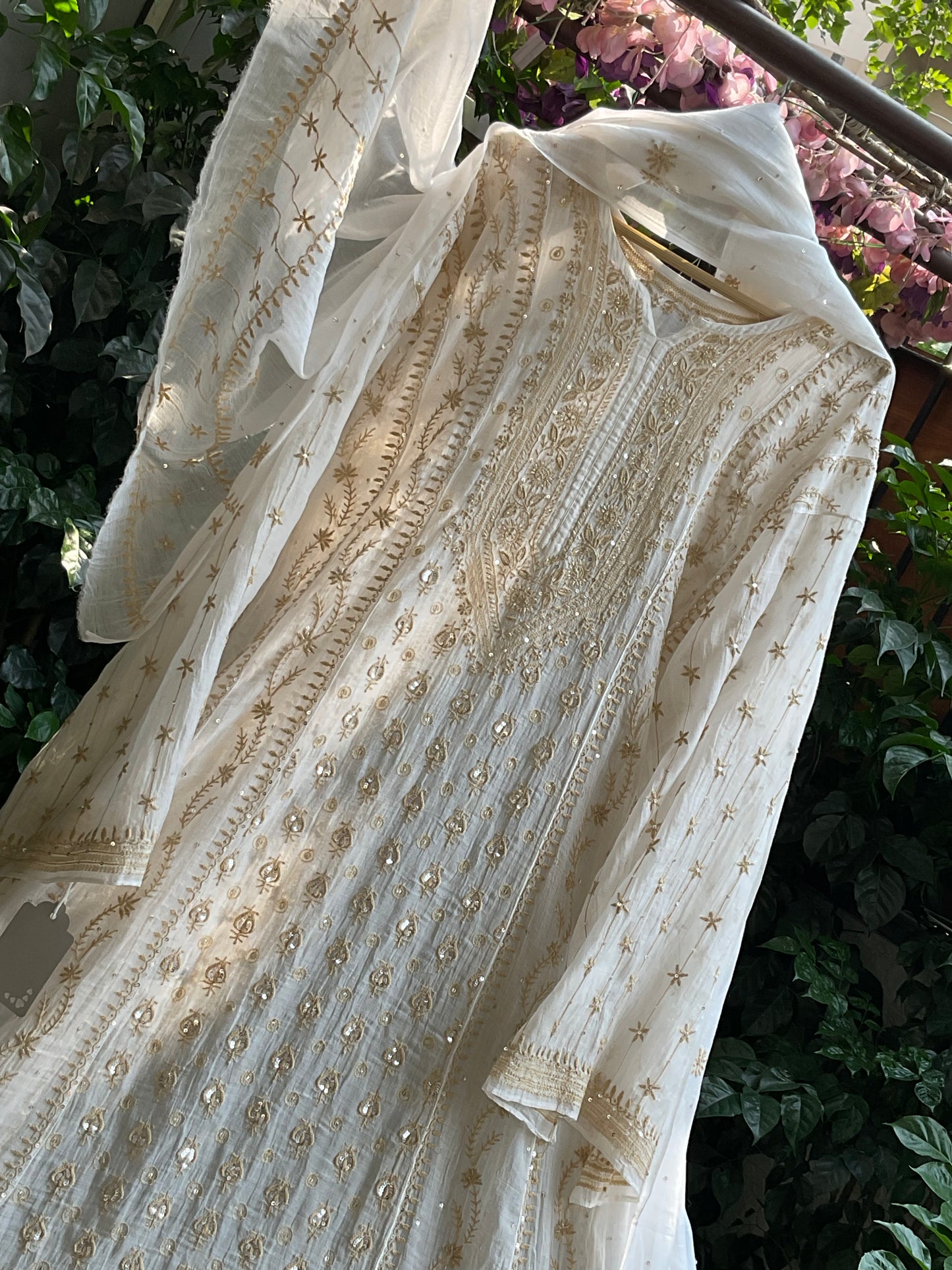 Ivory Chikankari Anarkali Set with Sequins Work & Front-Back Embroidery Detailing (Set of 3) (Stitched)